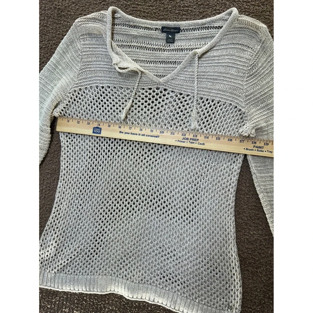 Eddie Bauer Womens Beige Linen Cotton Open Knit Mesh V-Neck Tassel Sweater Large